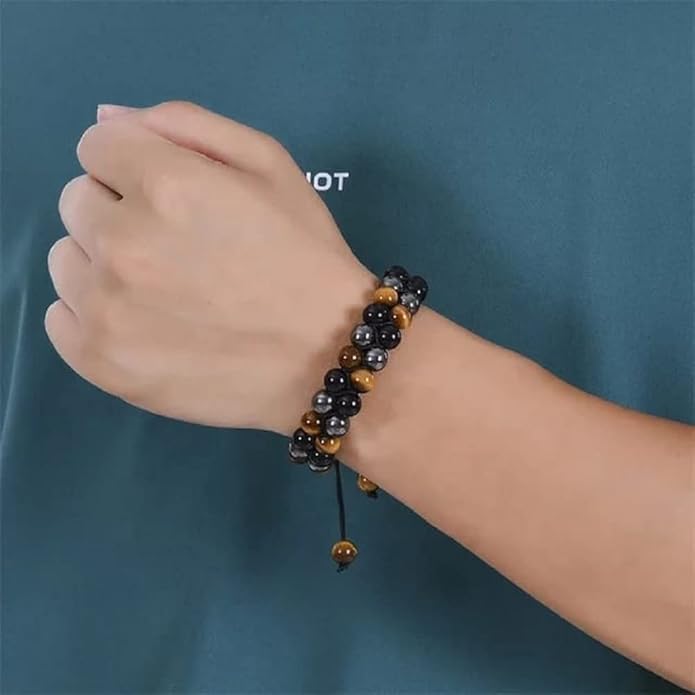 Tiger Eye- Hematite-Black Obsidian Bracelet – Double Layer for Protection, Remove Negative Energy . White Aura Vastu Store