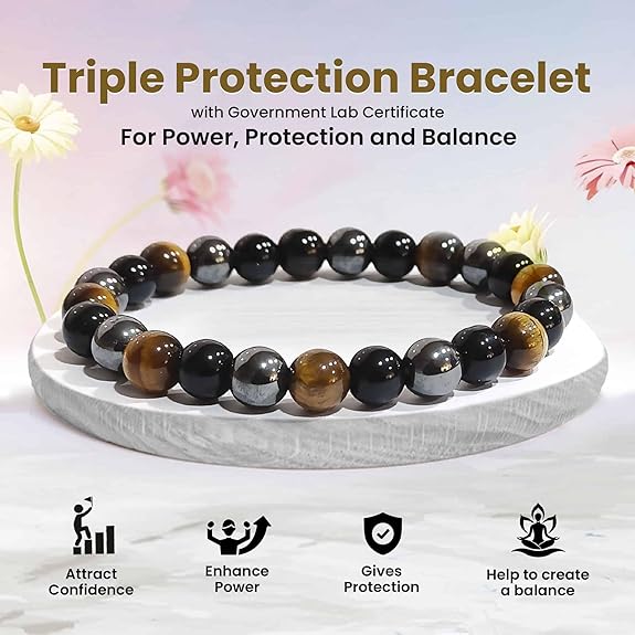 Triple Protection Bracelet Hematite Black Tiger's Eye Stone Bracelet White Aura Vastu Store