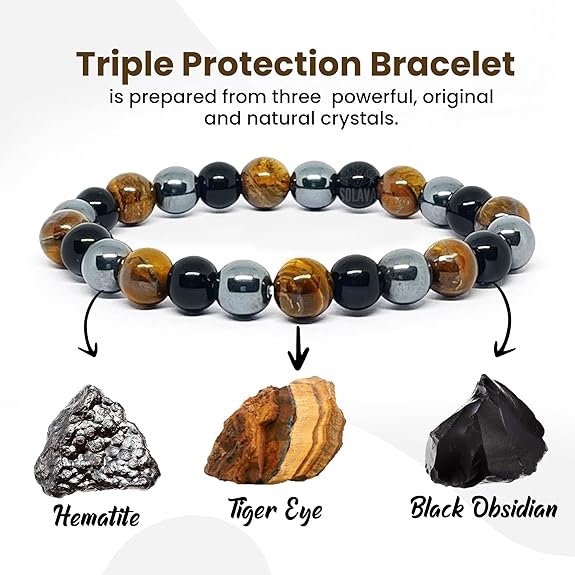 Triple Protection Bracelet Hematite Black Tiger's Eye Stone Bracelet White Aura Vastu Store