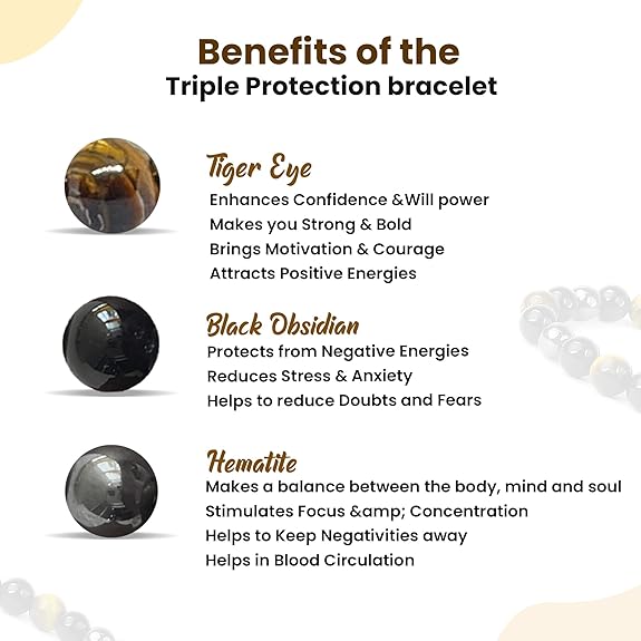 Triple Protection Bracelet Hematite Black Tiger's Eye Stone Bracelet White Aura Vastu Store
