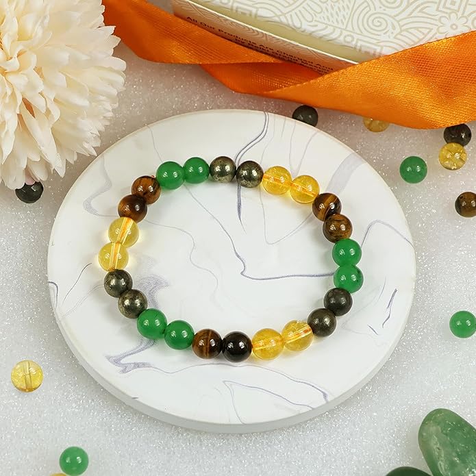Money Magnet Bracelet Pyrite Tiger Eye Green Aventurine Citrine Original Money Magnet bracelet 8 mm beads White Aura Vastu Store