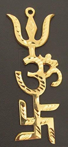 Brass Swastik Om Trishul Wall Hanging White Aura Vastu Store