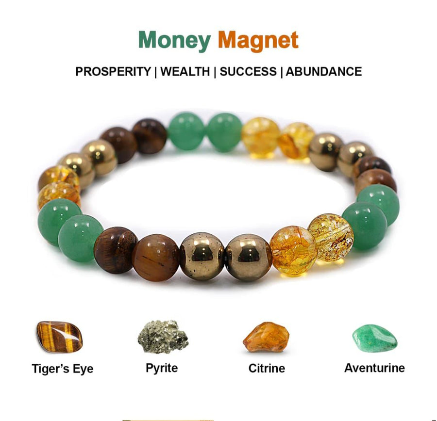 Money Magnet Bracelet Pyrite Tiger Eye Green Aventurine Citrine Original Money Magnet bracelet 8 mm beads White Aura Vastu Store