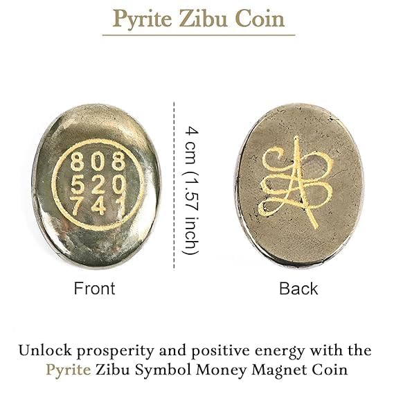 Good Luck Stone Pyrite Zibu Symbol Coin for Financial Growth & Abundance - Fortune & Wealth Magnet, Reiki Healing, Vastu Decor for Home & Office - 808 520 741 White Aura Vastu Store