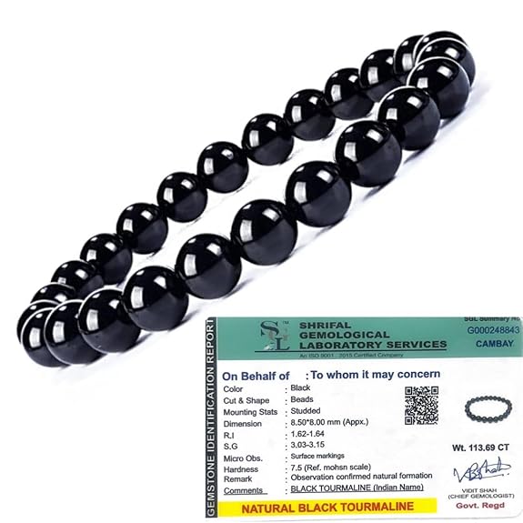 Original Black Tourmaline Crystal Bracelet with Lab Certificate - Natural Energised Black Stone Bracelet for Protection Healing, Positivity, Evil Eye, and Nazar White Aura Vastu Store