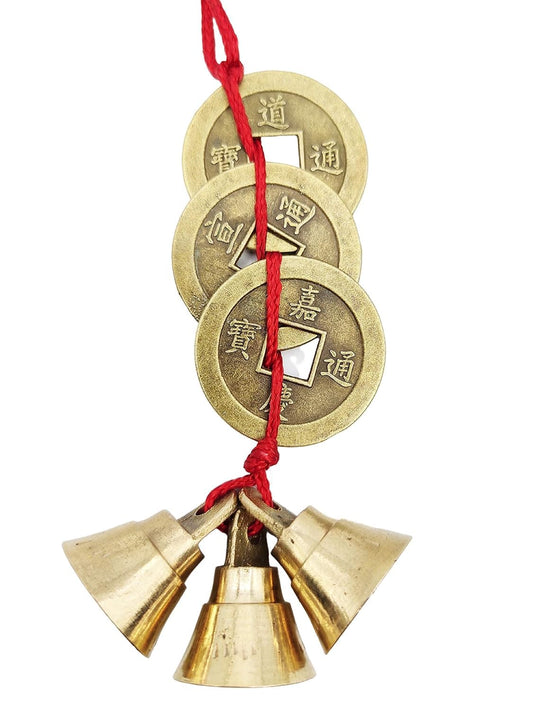Fengshui Vastu Lucky Brass Hanging 3 Bell Three Chinese Coins Main Entrance Door Hanging for Home Office Wealth Prosperity Spiritual Decor
