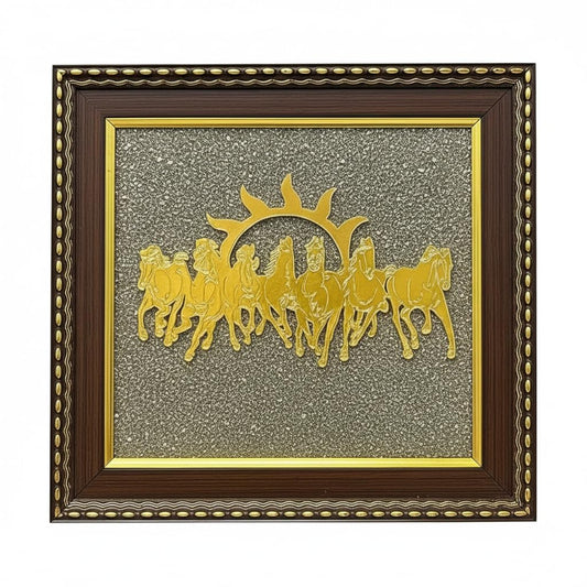 Pyrite Stone Frame with Vastu Seven Running Horses with Sun to Attract Money | Protection and Chakra Healing - Wooden Photo Frame Wall Decor Items for Living Room White Aura Vastu Store