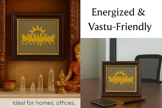 Pyrite Stone Frame with Vastu Seven Running Horses with Sun to Attract Money | Protection and Chakra Healing - Wooden Photo Frame Wall Decor Items for Living Room
