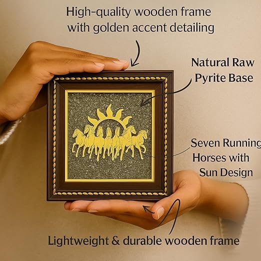 Pyrite Stone Frame with Vastu Seven Running Horses with Sun to Attract Money | Protection and Chakra Healing - Wooden Photo Frame Wall Decor Items for Living Room