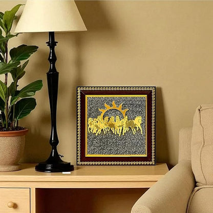 Pyrite Stone Frame with Vastu Seven Running Horses with Sun to Attract Money | Protection and Chakra Healing - Wooden Photo Frame Wall Decor Items for Living Room