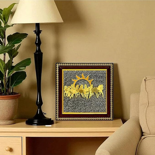 Pyrite Stone Frame with Vastu Seven Running Horses with Sun to Attract Money | Protection and Chakra Healing - Wooden Photo Frame Wall Decor Items for Living Room