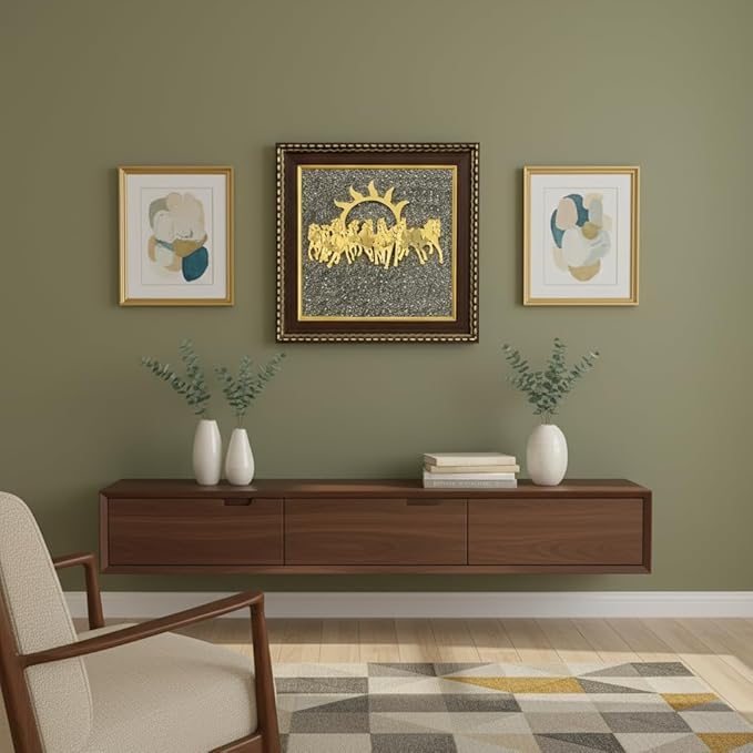 Pyrite Stone Frame with Vastu Seven Running Horses with Sun to Attract Money | Protection and Chakra Healing - Wooden Photo Frame Wall Decor Items for Living Room