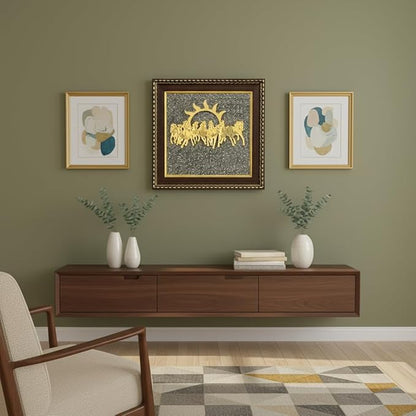 Pyrite Stone Frame with Vastu Seven Running Horses with Sun to Attract Money | Protection and Chakra Healing - Wooden Photo Frame Wall Decor Items for Living Room