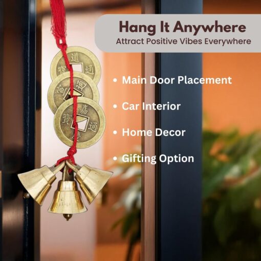 Fengshui Vastu Lucky Brass Hanging 3 Bell Three Chinese Coins Main Entrance Door Hanging for Home Office Wealth Prosperity Spiritual Decor - Image 5