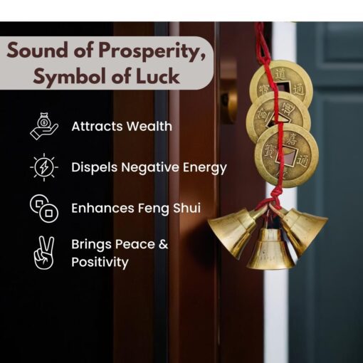 Fengshui Vastu Lucky Brass Hanging 3 Bell Three Chinese Coins Main Entrance Door Hanging for Home Office Wealth Prosperity Spiritual Decor - Image 3